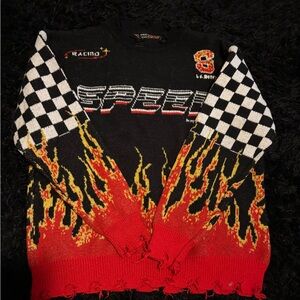 Black and Red Racing Sweater with Flame Design